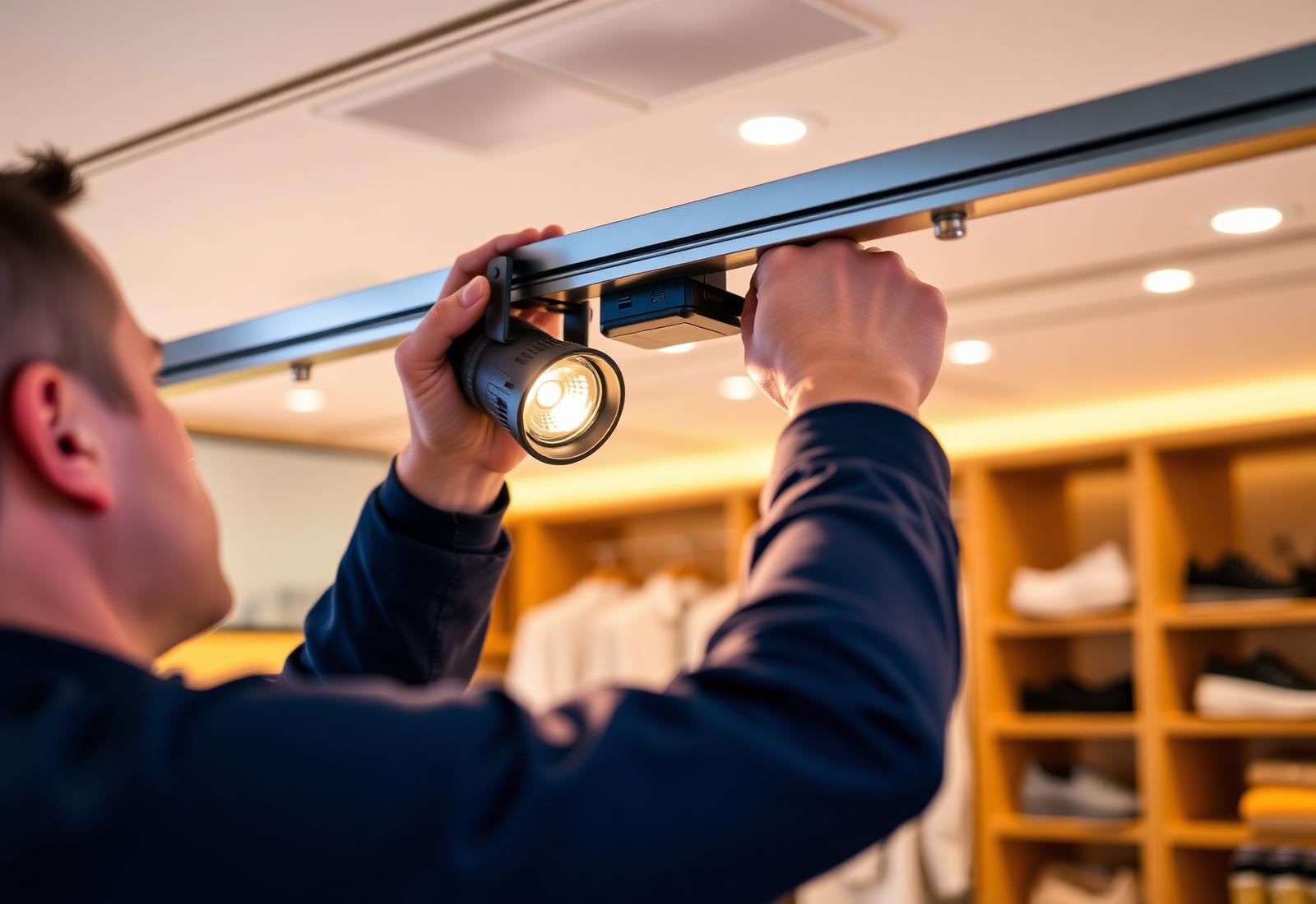 Técnico ajustando spot em trilho magnético em loja premium