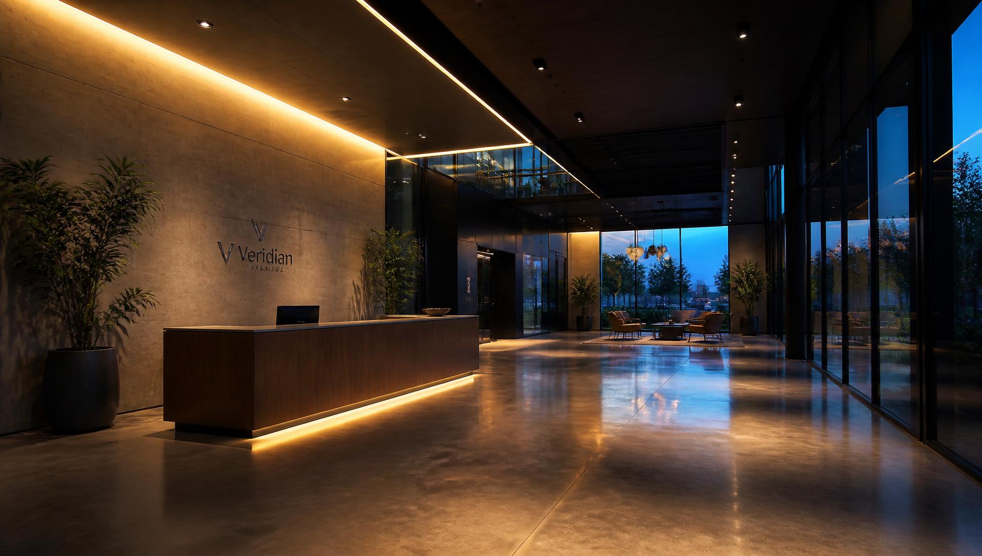 Lobby corporativo com iluminação linear em cove